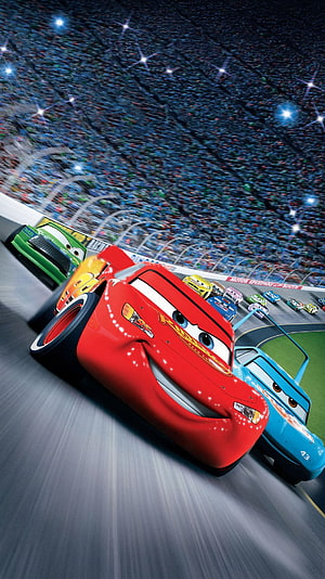 Lightning McQueen Racing on the Track with Other Cars in a Stadium HD phone wallpaper