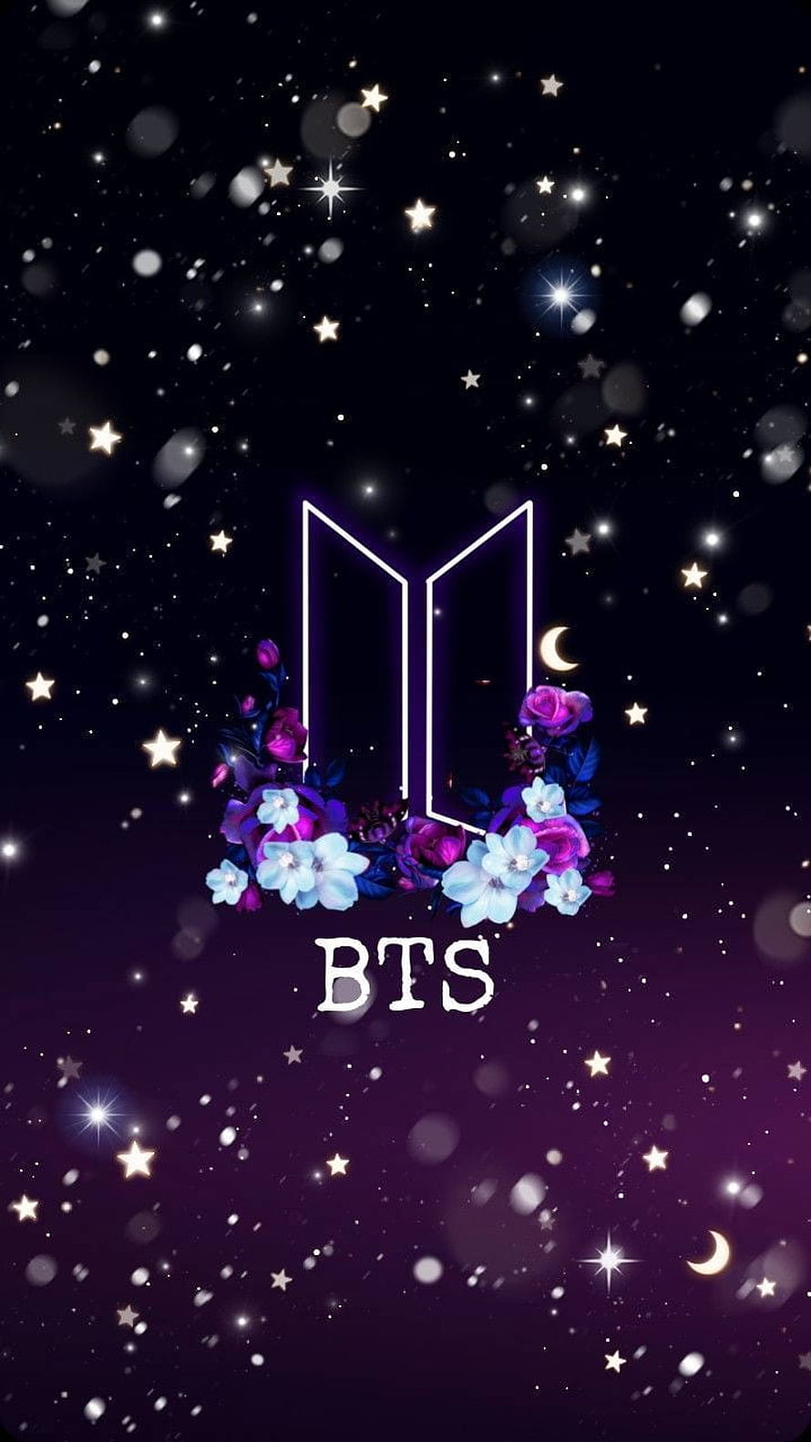 BTS Logo with Floral Accents and Starry Night Sky Aesthetic Wallpaper HD phone wallpaper