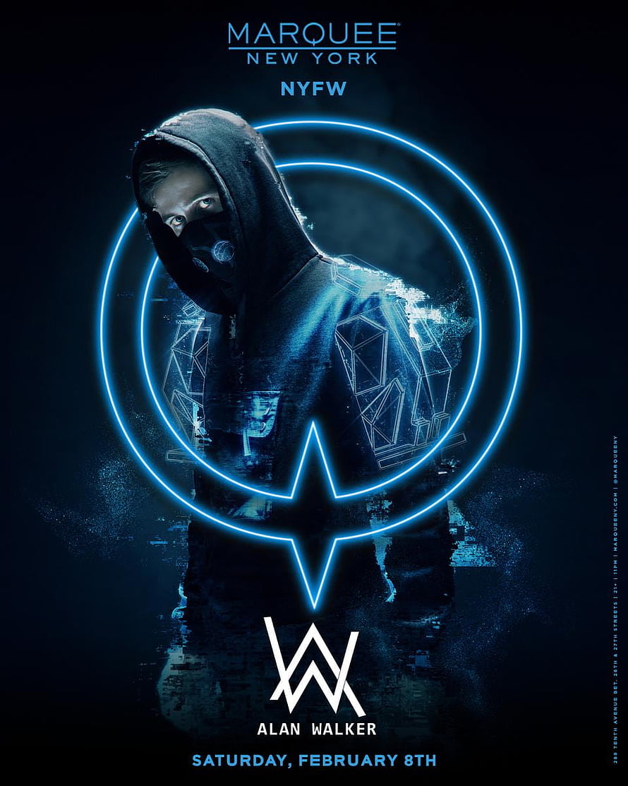 Alan Walker Marquee New York NYFW Event Poster with Neon Blue Star and Hooded Figure HD phone wallpaper