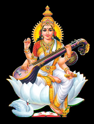 Saraswati Goddess Playing Veena on White Lotus with Swan HD phone wallpaper