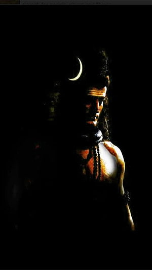 Mahakal Mahadev Shiva Portrait with Crescent Moon and Rudraksha Beads in Dramatic Shadow HD phone wallpaper