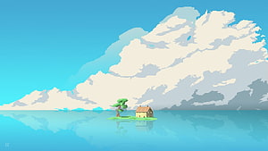 Pixel Art Island House with Tree and Clouds Over Calm Water HD wallpaper
