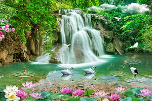 Serene Waterfall with Swans, Cranes, and Lotus Flowers in a Lush Forest HD wallpaper