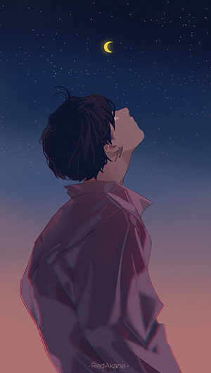 Anime Boy Looking Up At Crescent Moon And Starry Night Sky HD phone wallpaper