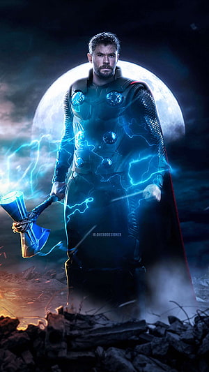 Thor God of Thunder wielding Stormbreaker axe with lightning powers against full moon background HD phone wallpaper
