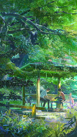 Anime Couple Sitting Under Pavilion in Lush Green Forest Rain HD phone wallpaper