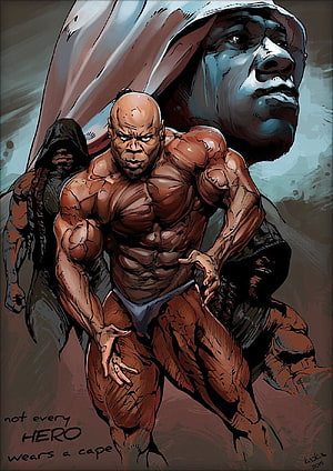 Comic Art Illustration of Muscular Black Man in Fighting Stance with Hooded Figures, ArtStation - Kai Greene Tribute, Gergő Kovács. Gym art, Gym, Cartoon Bodybuilder HD phone wallpaper