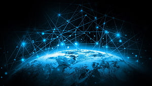Global Digital Network Overlay on Earth with Glowing Blue Connection Nodes HD wallpaper