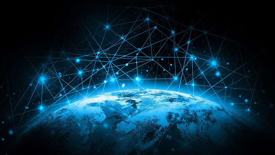 Global Digital Network Overlay on Earth with Glowing Blue Connection Nodes HD wallpaper