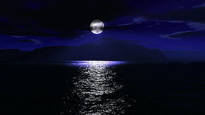 Full Moon Over Dark Ocean With Mountain Silhouette And Shimmering Water Reflection HD wallpaper