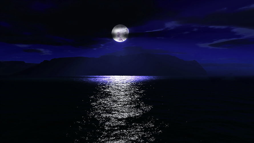Full Moon Over Dark Ocean With Mountain Silhouette And Shimmering Water Reflection HD wallpaper