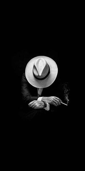 Mysterious Man in Fedora Hat Smoking Cigarette Black and White Portrait, Sad Boy, Black Sad Boy HD phone wallpaper