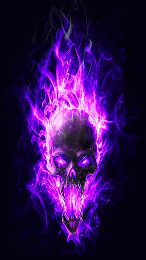 Glowing Purple Flame Skull with Fiery Eyes and Dark Smoke Background HD phone wallpaper