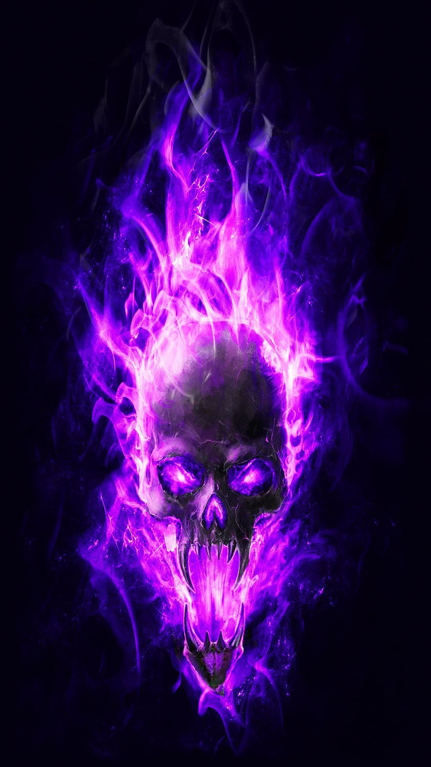 Glowing Purple Flame Skull with Fiery Eyes and Dark Smoke Background HD phone wallpaper