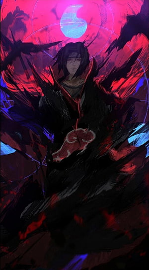 Itachi Uchiha in Akatsuki Cloak with Sharingan and Crow Motifs HD phone wallpaper