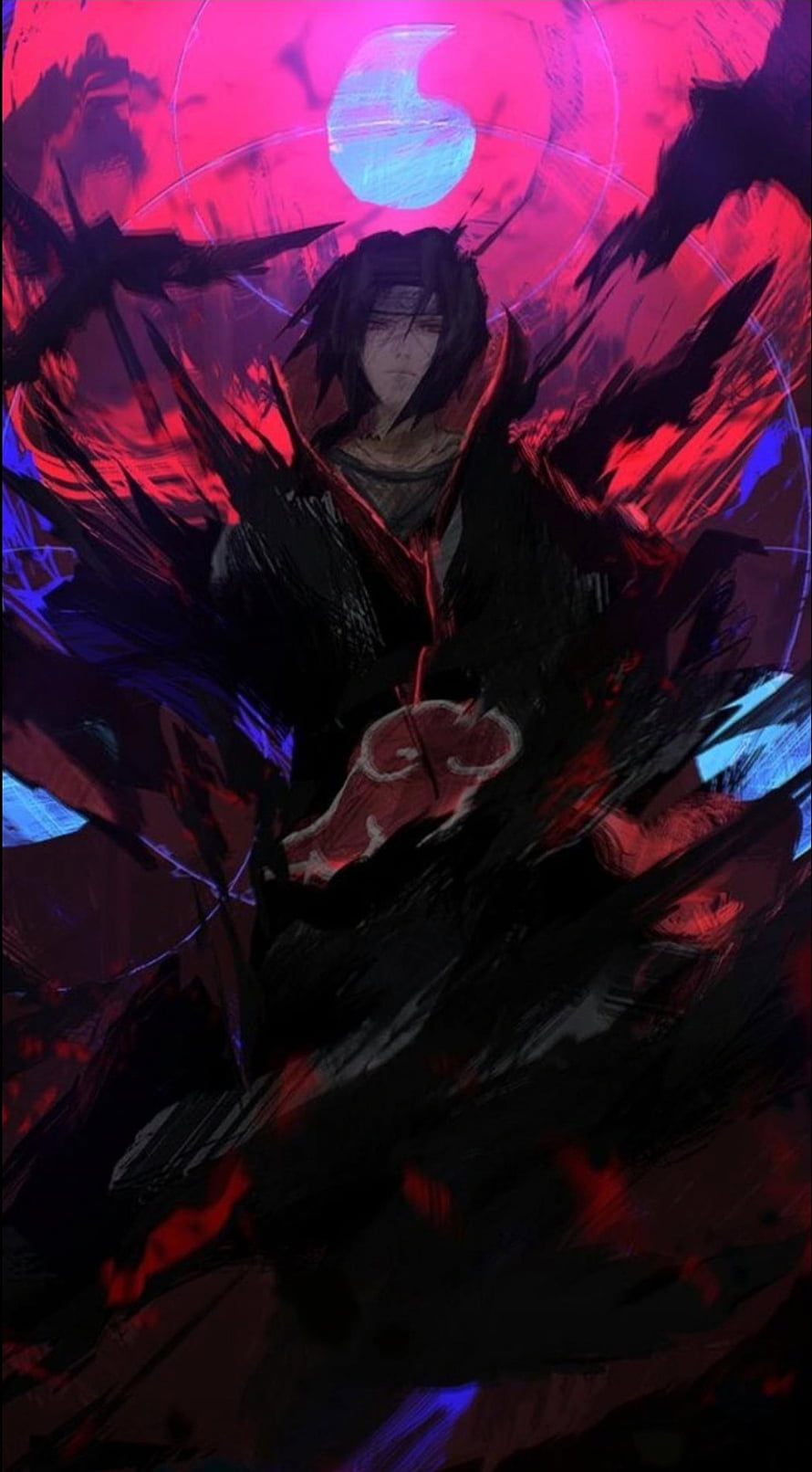 Itachi Uchiha in Akatsuki Cloak with Sharingan and Crow Motifs HD phone wallpaper