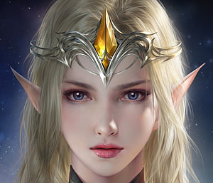 Blonde Elf Woman Portrait With Golden Crown And Starry Night Background, Elf girl, frumusete, fantasy, cai dongyan, blonde, face, luminos, girl, elf HD wallpaper