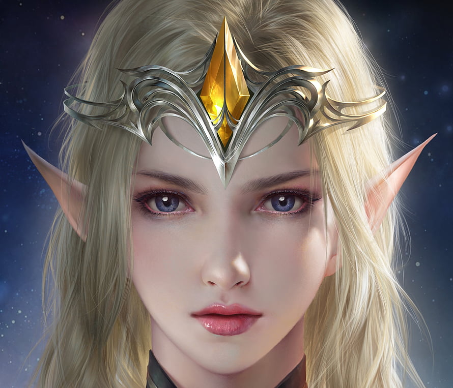 Blonde Elf Woman Portrait With Golden Crown And Starry Night Background, Elf girl, frumusete, fantasy, cai dongyan, blonde, face, luminos, girl, elf HD wallpaper