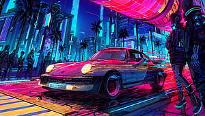 Neon-lit Porsche 911 in a futuristic cyberpunk city street at night with glowing palm trees and pedestrians HD wallpaper