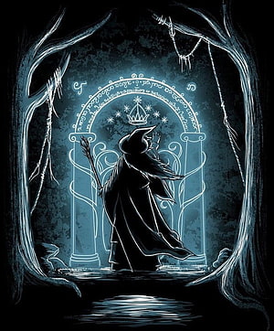 Silhouetted Wizard Standing Before the Glowing Arch of Durin's Door in Moria HD phone wallpaper