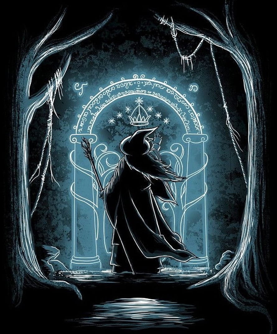 Silhouetted Wizard Standing Before the Glowing Arch of Durin's Door in Moria HD phone wallpaper