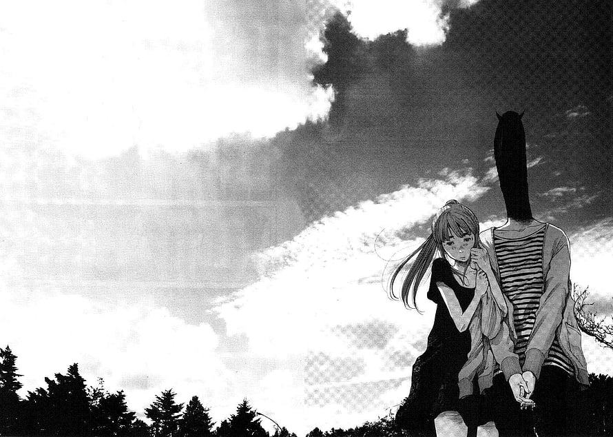 Makima and Denji from Chainsaw Man manga art, black and white illustration of characters holding hands against a cloudy sky, Goodnight Punpun 4 - Oyasumi Punpun HD wallpaper
