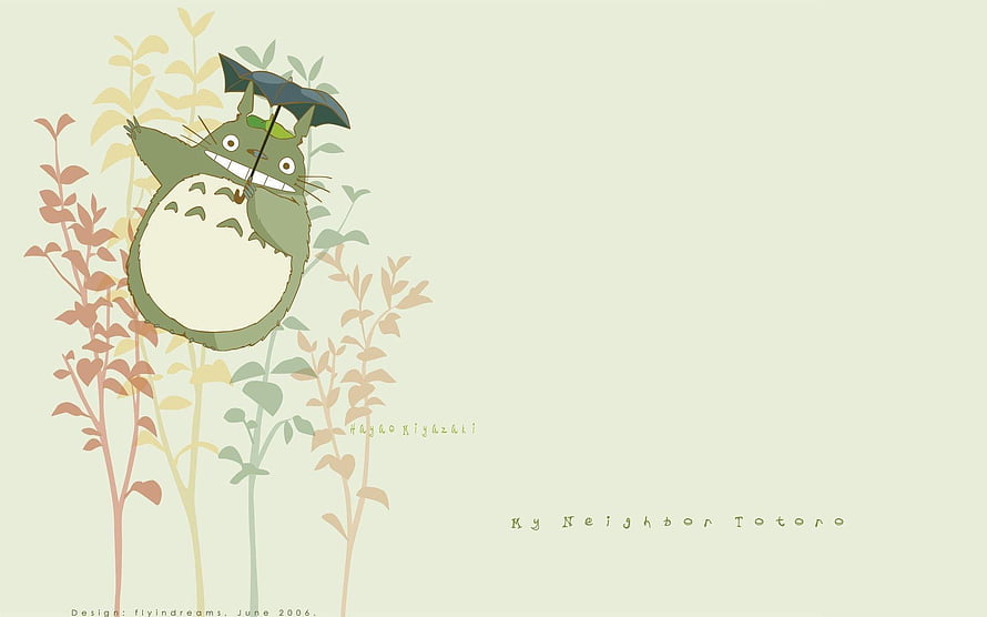 Totoro Holding an Umbrella Among Soft Pastel Plants in a Minimal Studio Ghibli Style HD wallpaper