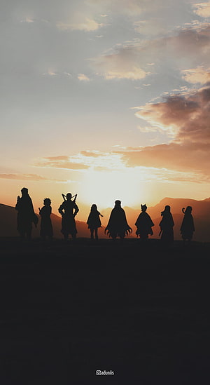 Demon Slayer Hashira silhouettes standing against a golden sunset sky with mountains HD phone wallpaper