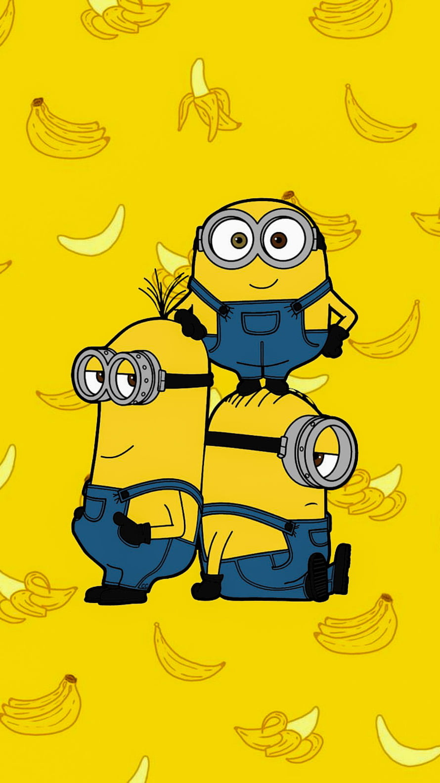 Three Minions Stacked Together on a Yellow Banana Pattern Background HD phone wallpaper