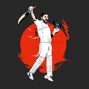 Virat Kohli Cricket Player Illustration with Bat and Helmet on Red Background HD wallpaper
