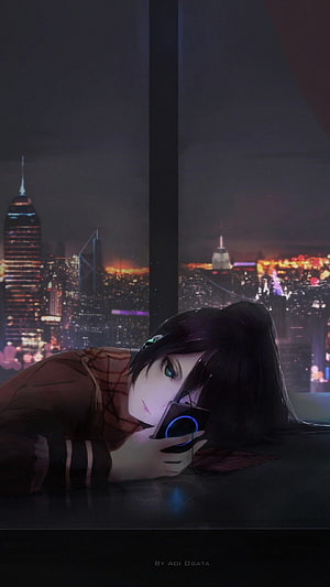 Anime Girl With Headphones Lying On Table With Night City View HD phone wallpaper
