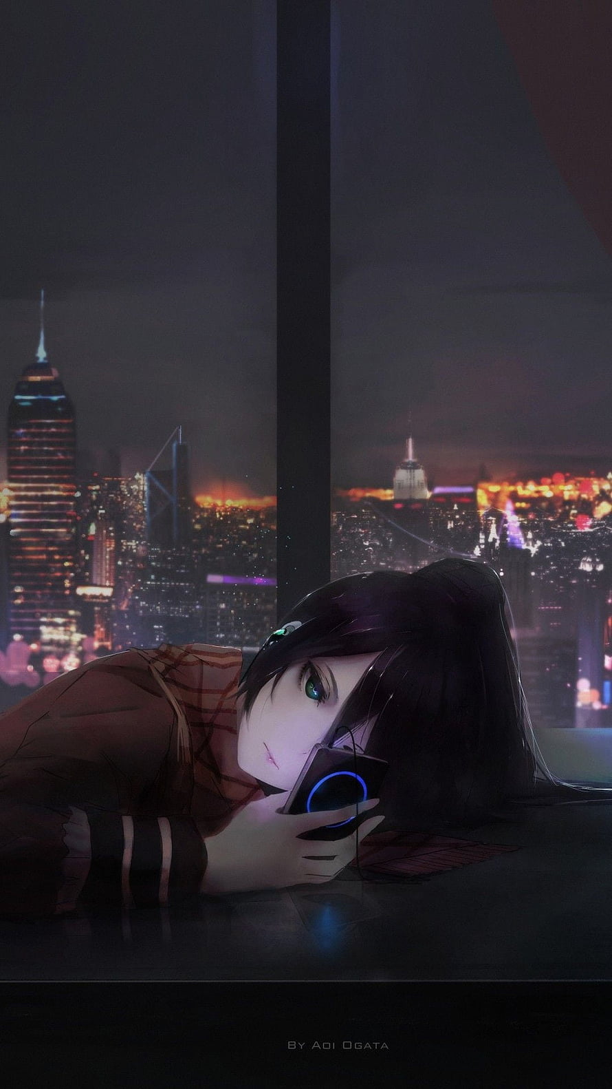 Anime Girl With Headphones Lying On Table With Night City View HD phone wallpaper