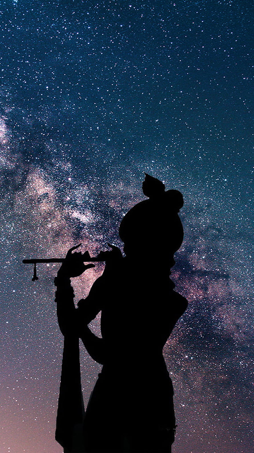 Lord Krishna Silhouette Playing Flute Against the Milky Way Galaxy HD phone wallpaper
