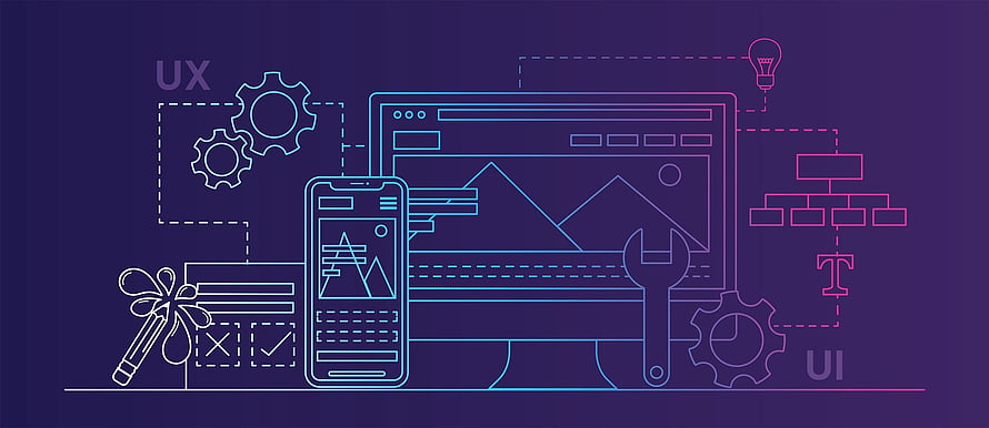 Neon Line Art Illustration of UX and UI Design Tools, Devices, and Workflow Elements on Dark Background HD wallpaper