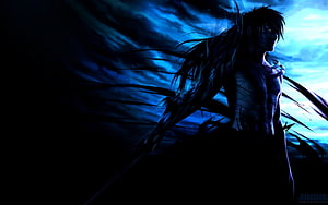 Kurosaki Ichigo in Final Getsuga Tensho from Bleach with Bandages and Dark Blue Sky HD wallpaper