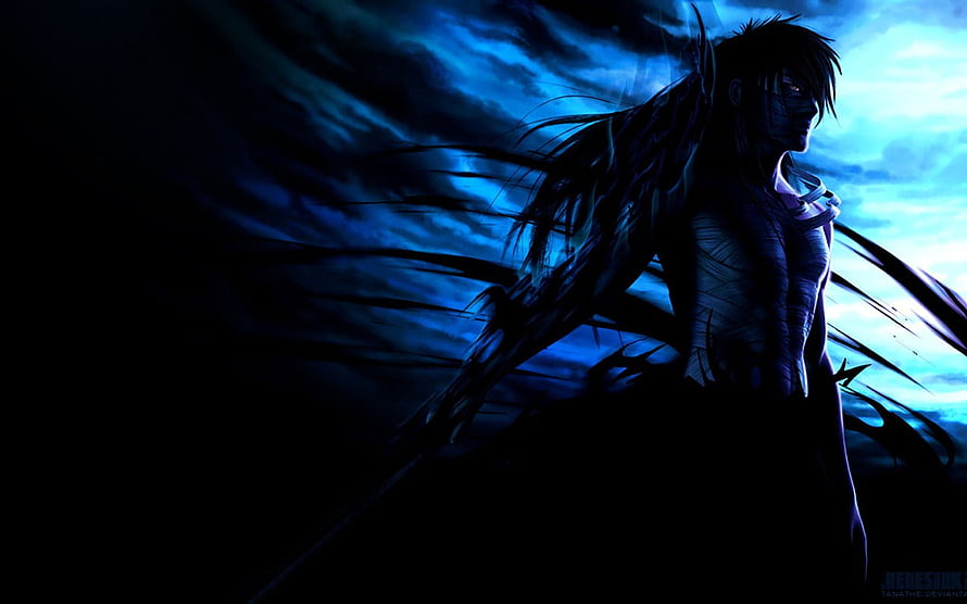 Kurosaki Ichigo in Final Getsuga Tensho from Bleach with Bandages and Dark Blue Sky HD wallpaper