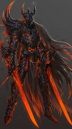 Dark Fantasy Demon Warrior With Glowing Red Eyes And Fiery Black Armor HD phone wallpaper