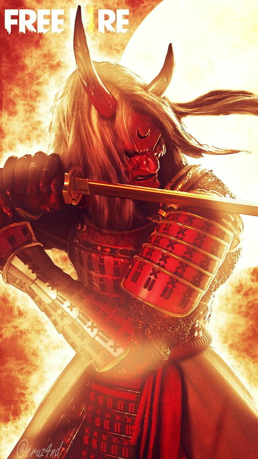 Fiery Samurai Warrior in Red Armor Holding Katana Against Blazing Background HD phone wallpaper