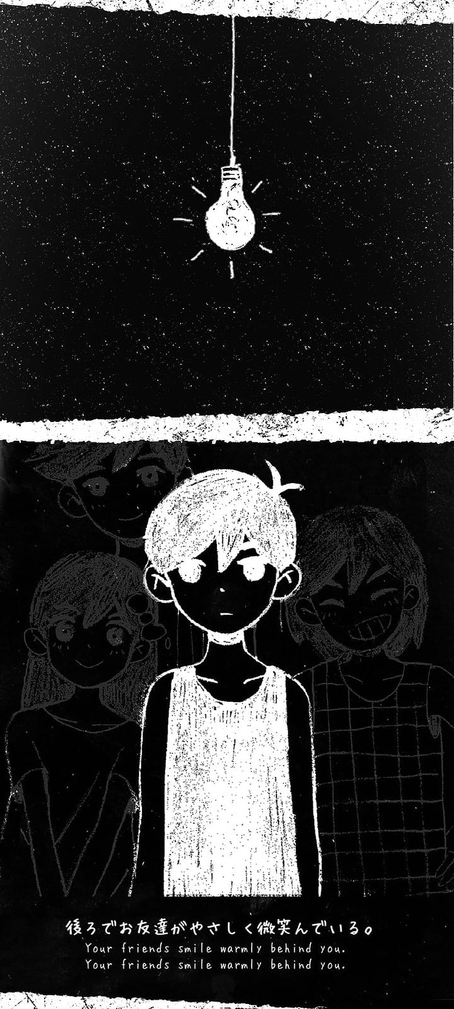 Omori Game Artwork: Boy Under Lightbulb with Friends Smiling Behind in Dark Sketch Style HD phone wallpaper