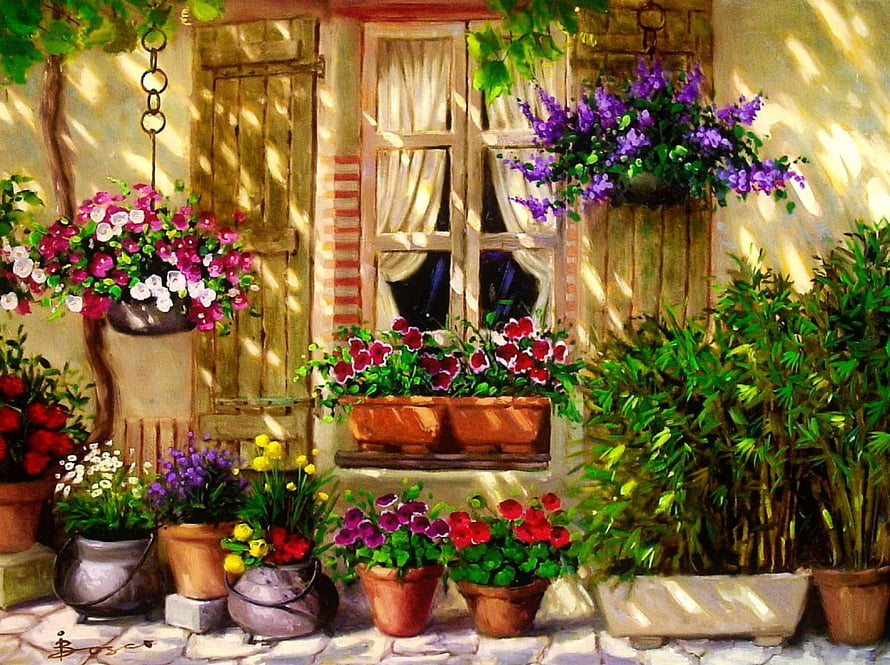 Impressionist Painting of a Sunlit Cottage Window with Colorful Potted Flowers and Hanging Baskets HD wallpaper