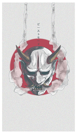 Japanese Oni Mask Illustration with Red Circle and Smoke HD phone wallpaper