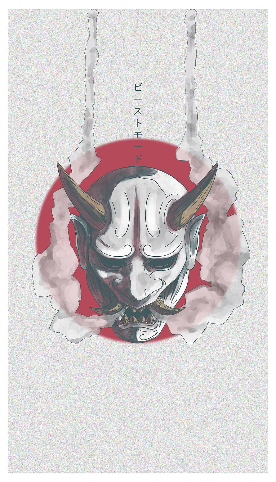 Japanese Oni Mask Illustration with Red Circle and Smoke HD phone wallpaper