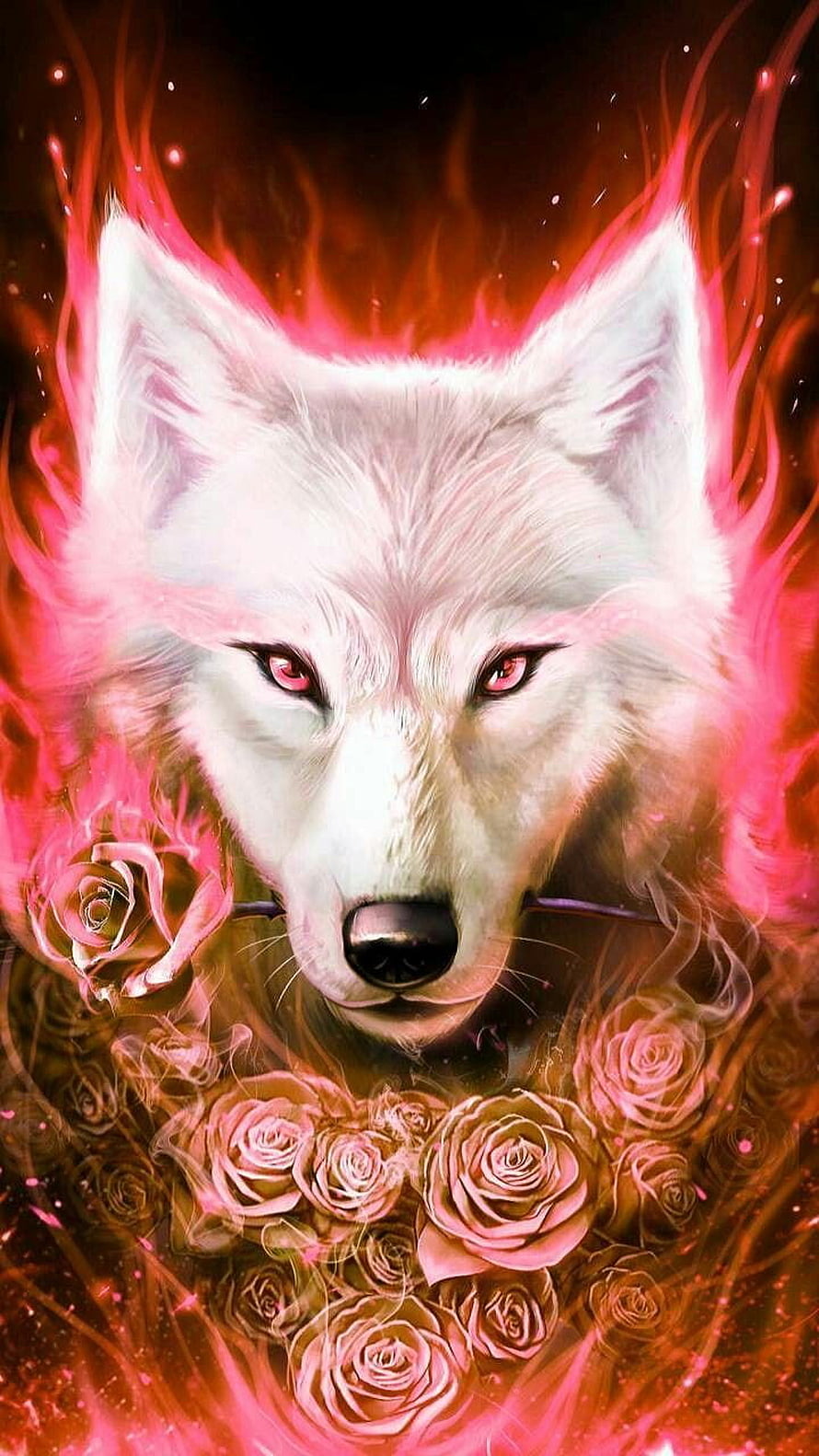 Mystical White Wolf with Glowing Red Eyes and Roses in Fiery Pink Aura HD phone wallpaper