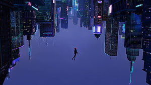 Miles Morales Leaping Through Upside-Down City in Spider-Verse Style HD wallpaper