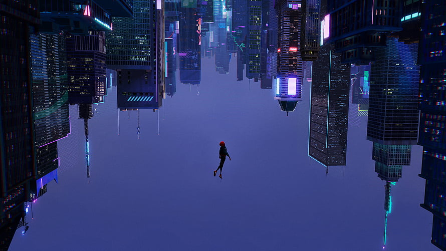 Miles Morales Leaping Through Upside-Down City in Spider-Verse Style HD wallpaper
