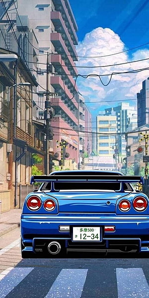 Blue Nissan Skyline GT-R R34 Rear View in Anime Japanese City Street HD phone wallpaper