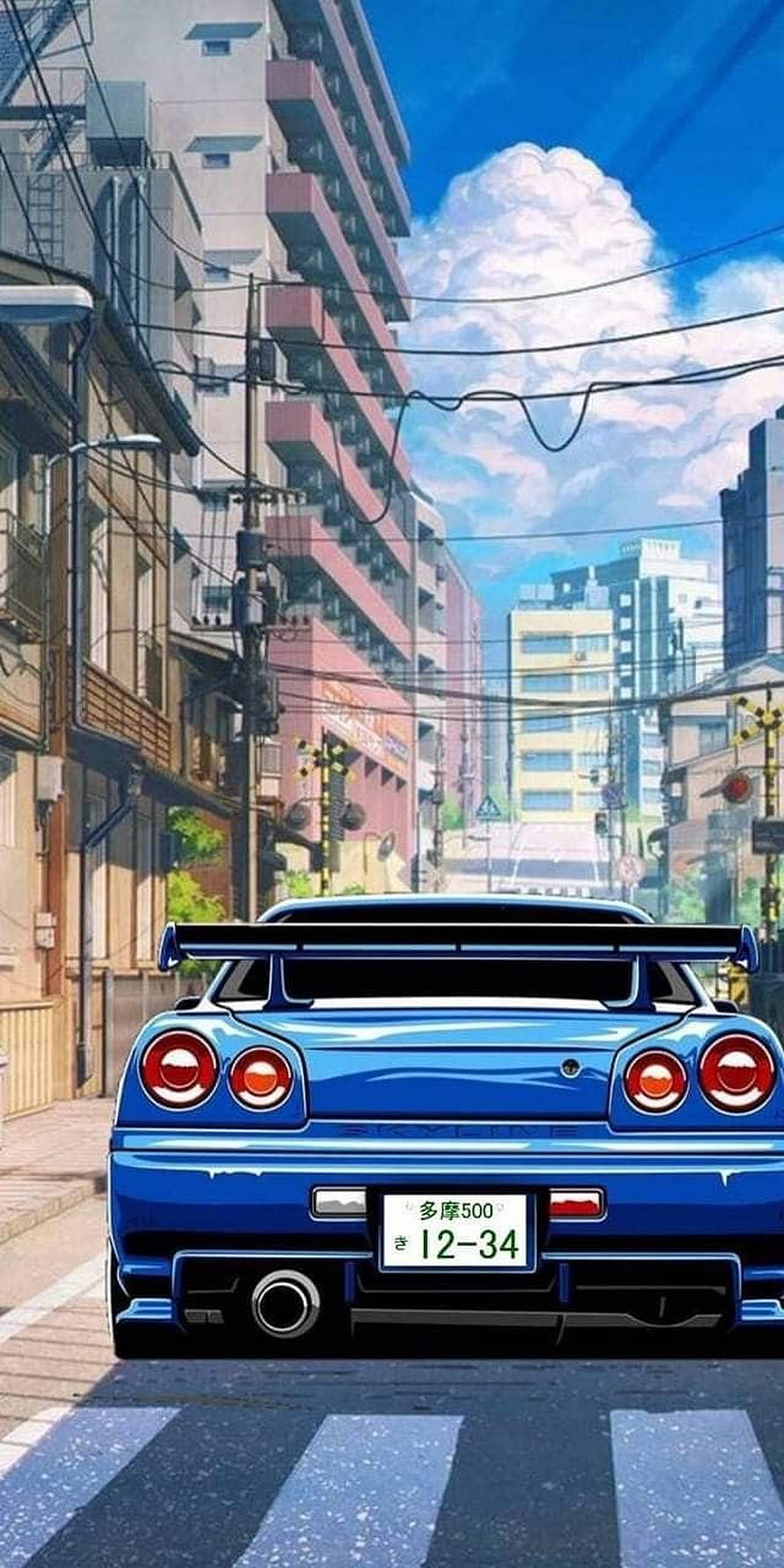 Blue Nissan Skyline GT-R R34 Rear View in Anime Japanese City Street HD phone wallpaper