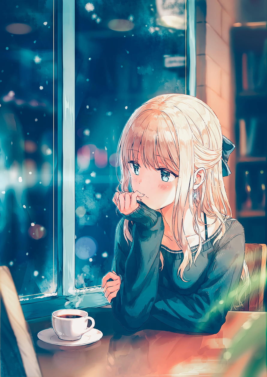 Anime Girl With Blonde Hair Sitting In A Cafe Looking Out The Window At Snow HD phone wallpaper
