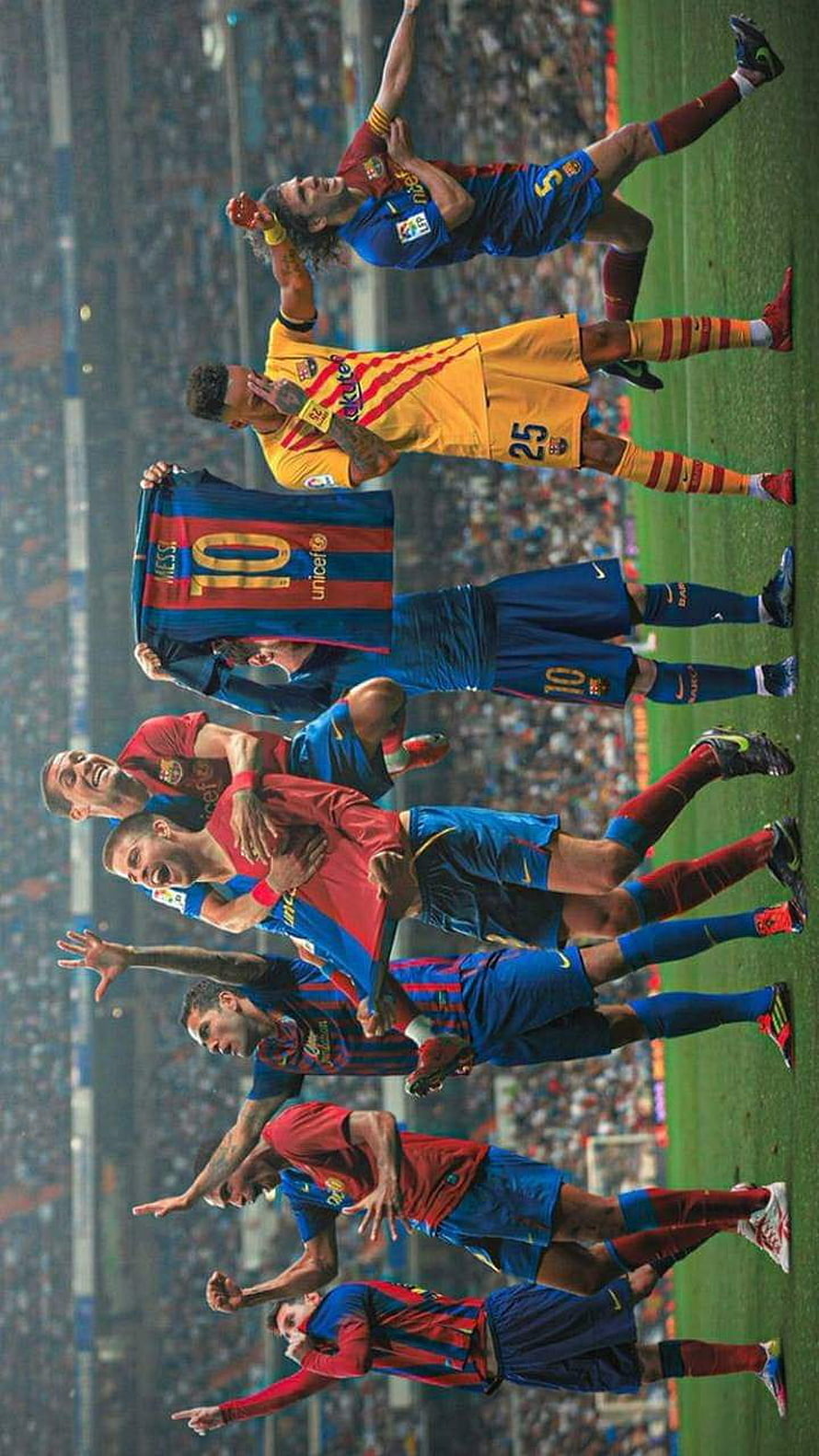 Lionel Messi and Barcelona Teammates Celebrating Victory on the Pitch HD phone wallpaper