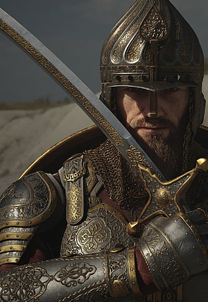 Ornate Medieval Knight in Intricate Gold and Steel Armor Holding a Curved Sword HD phone wallpaper